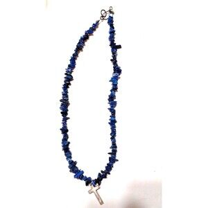 Single Strand Blue Malachite Chip Necklace Handmade Silver Cross 8.5 Inch Hang